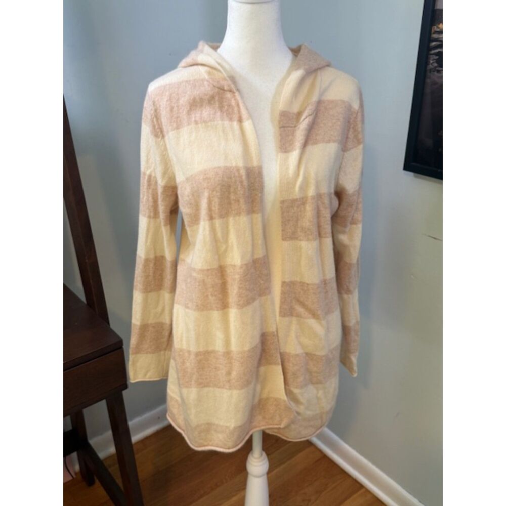 in Cashmere Hooded Striped Cardigan Size L Cream Tan‎ Luxury Quiet Luxury
